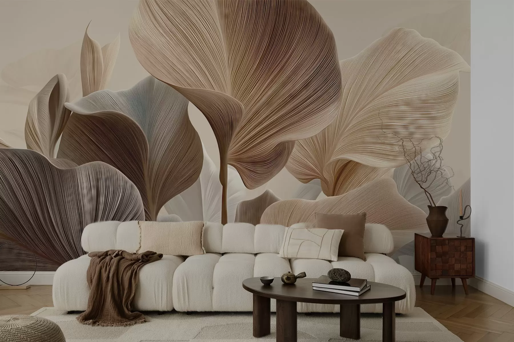 Fotobehang Elegante beige bladeren met fijne lineaire textuur w04549