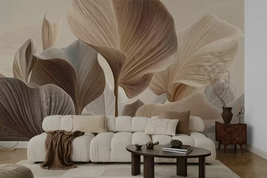 Fotobehang Elegante beige bladeren met fijne lineaire textuur w04549