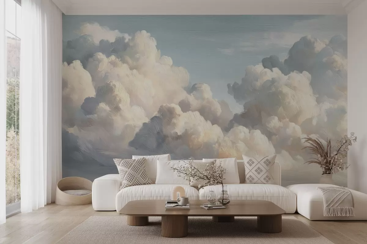 Fotobehang Wolken in een zachtblauwe lucht met lichte textuur w04550v2