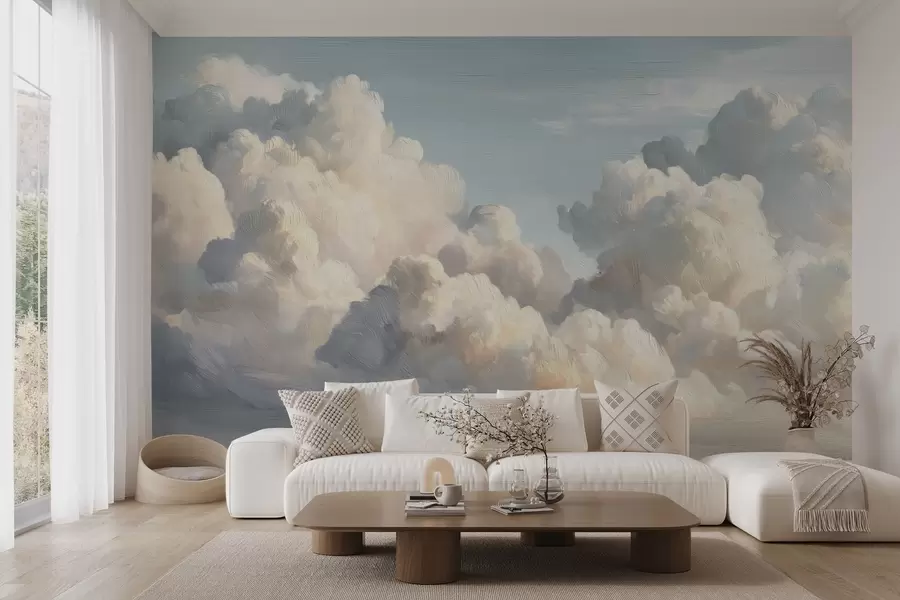 Fotobehang Wolken in een zachtblauwe lucht met lichte textuur w04550v2