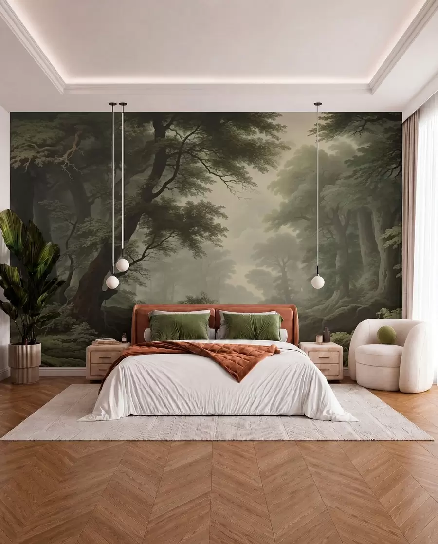 Fotobehang Mistig bos met rivier en hoge oude bomen w04555