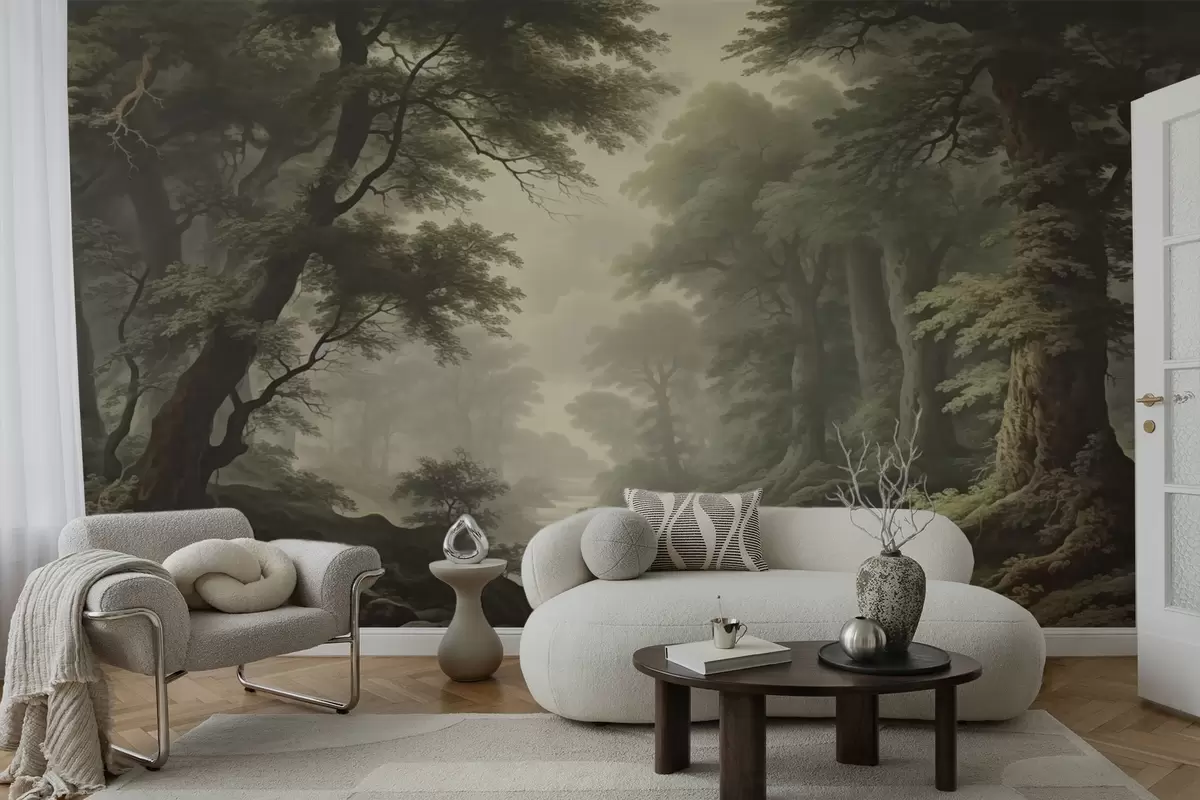 Fotobehang Mistig bos met rivier en hoge oude bomen w04555