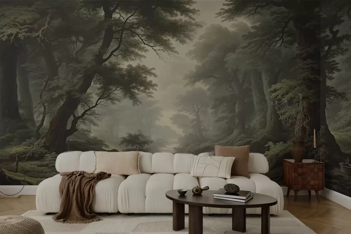 Fotobehang Mistig bos met rivier en hoge oude bomen w04555 kopen - Uwalls.nl Fotobehang Mistig bos met rivier en hoge oude bomen w04555