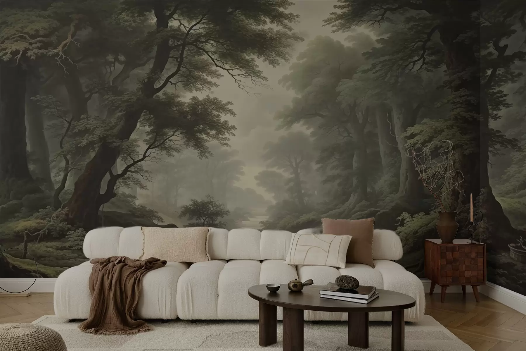 Fotobehang Mistig bos met rivier en hoge oude bomen w04555