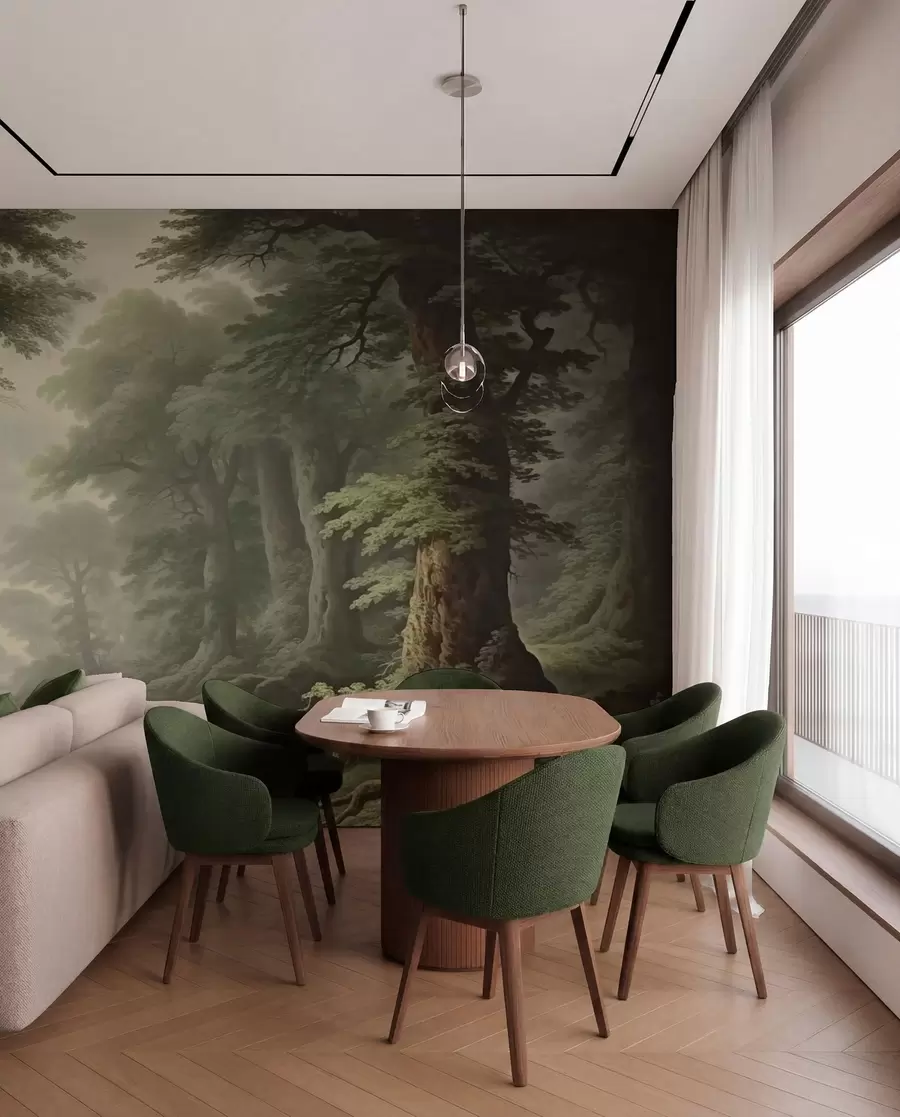 Fotobehang Mistig bos met rivier en hoge oude bomen w04555