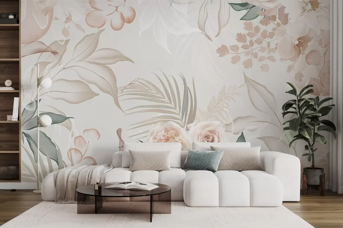 Fotobehang Bloemstuk met textuur, bestaande uit rozen, orchideeën, eucalyptus en palmbladeren in pastelkleuren, op een beige achtergrond w09393