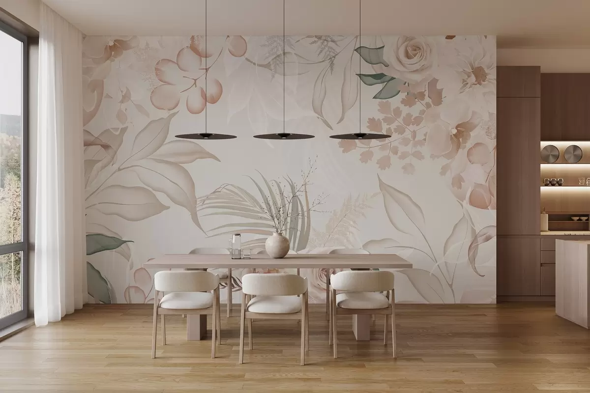 Fotobehang Bloemstuk met textuur, bestaande uit rozen, orchideeën, eucalyptus en palmbladeren in pastelkleuren, op een beige achtergrond w09393