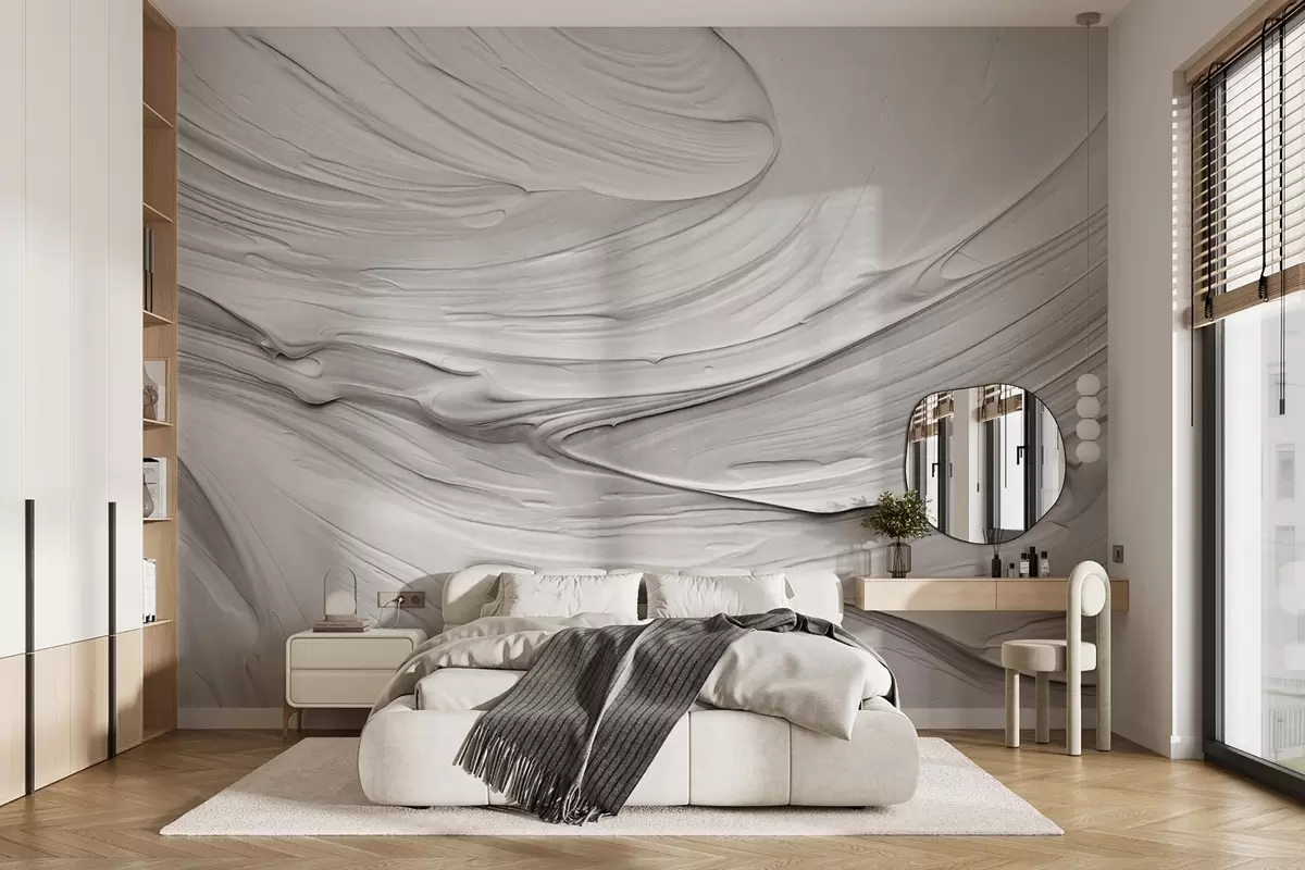 Fotobehang Abstracte, gestructureerde witte verfstreken imitatie met een wervelend patroon, neutraal, minimalistisch modern ontwerp w09394