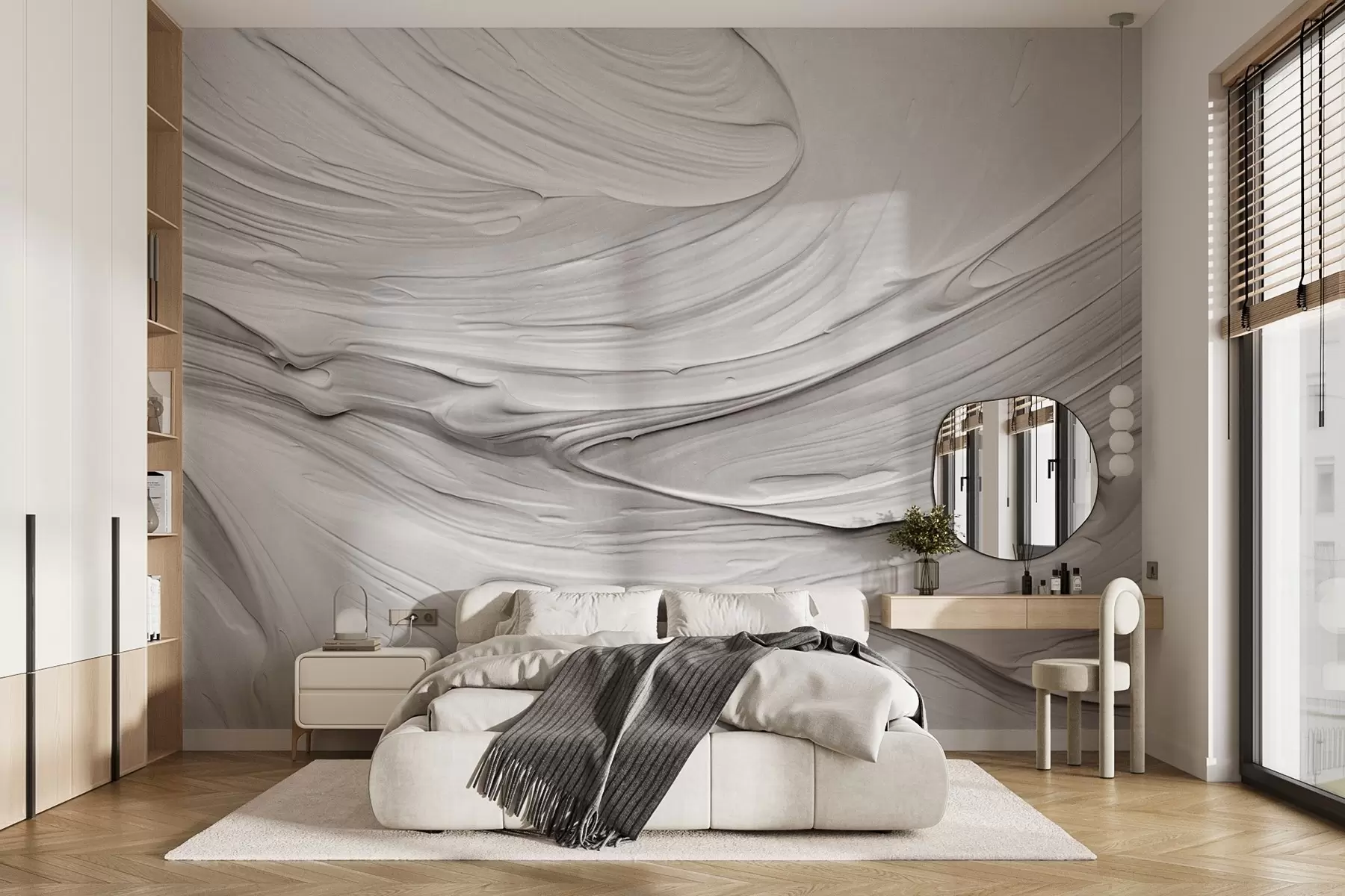 Fotobehang Abstracte, gestructureerde witte verfstreken imitatie met een wervelend patroon, neutraal, minimalistisch modern ontwerp w09394