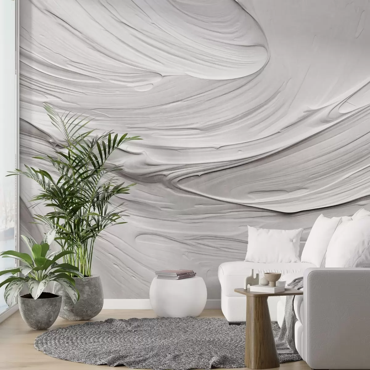 Fotobehang Abstracte, gestructureerde witte verfstreken imitatie met een wervelend patroon, neutraal, minimalistisch modern ontwerp w09394