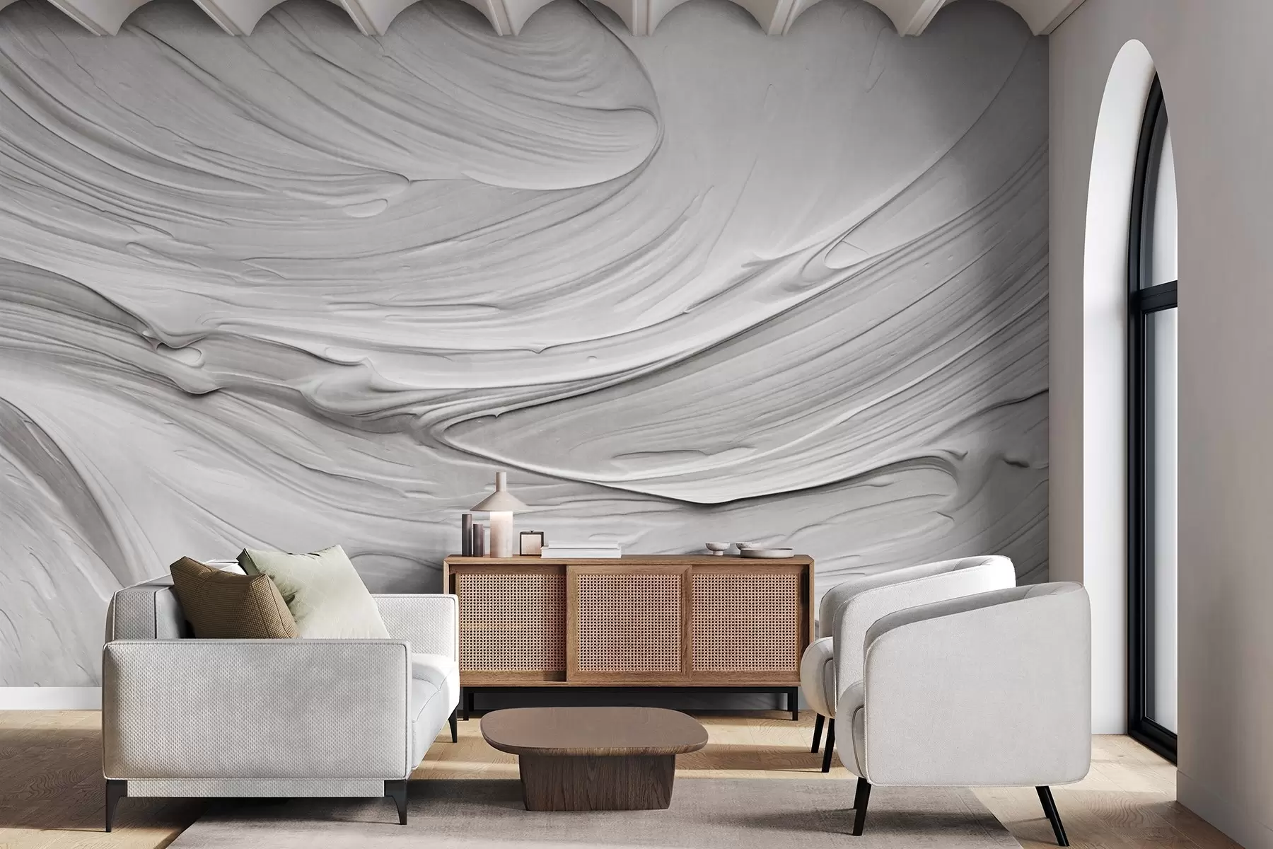 Fotobehang Abstracte, gestructureerde witte verfstreken imitatie met een wervelend patroon, neutraal, minimalistisch modern ontwerp w09394