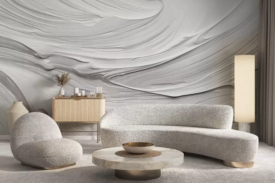 Fotobehang Abstracte, gestructureerde witte verfstreken imitatie met een wervelend patroon, neutraal, minimalistisch modern ontwerp w09394