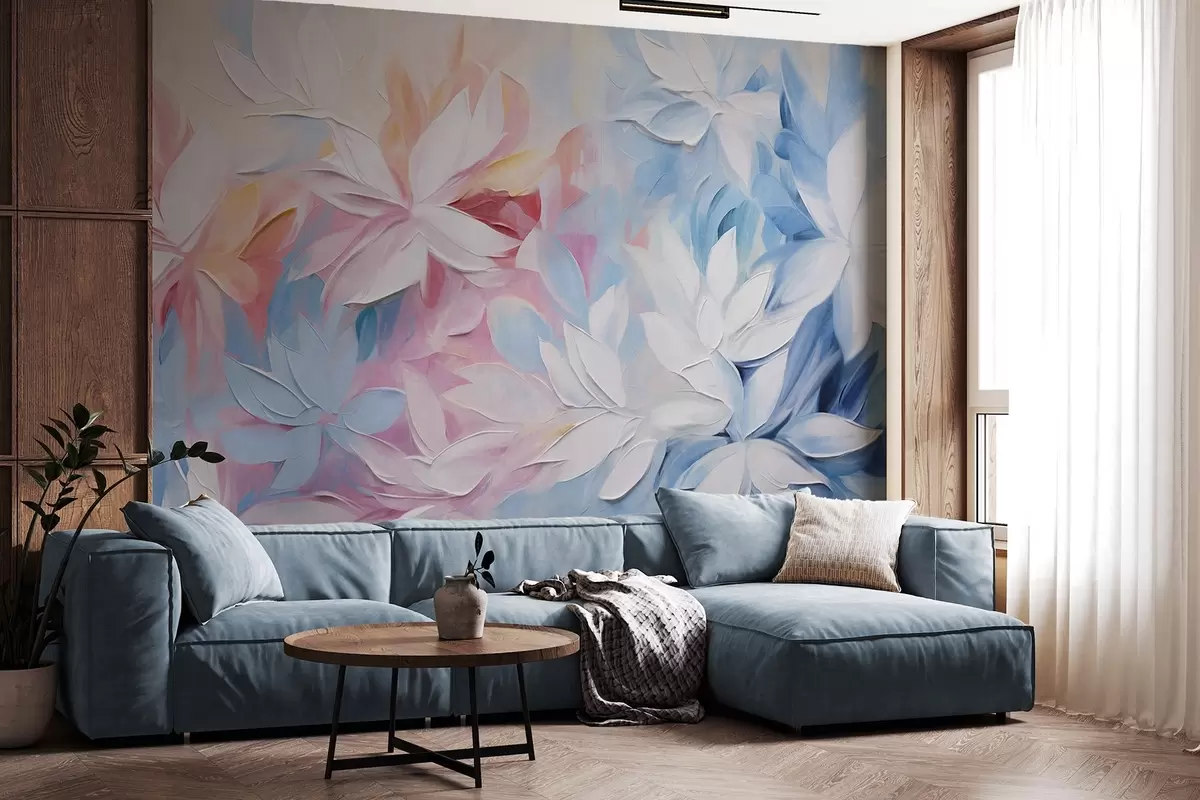 Fotobehang Witte bloemen met textuur en roze en blauwe bladeren, abstracte stijl in olieverf, zachte penseelstreken, pastelkleuren  w09396