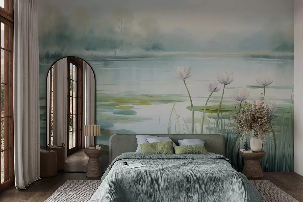 Fotobehang Landschap met een meer, waterlelies en leliebladeren, bomen op de achtergrond, in een rustige omgeving, lichtblauwe en groene tinten w09395