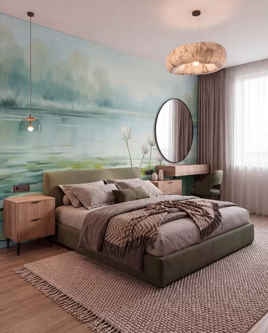 Fotobehang Landschap met een meer, waterlelies en leliebladeren, bomen op de achtergrond, in een rustige omgeving, lichtblauwe en groene tinten w09395