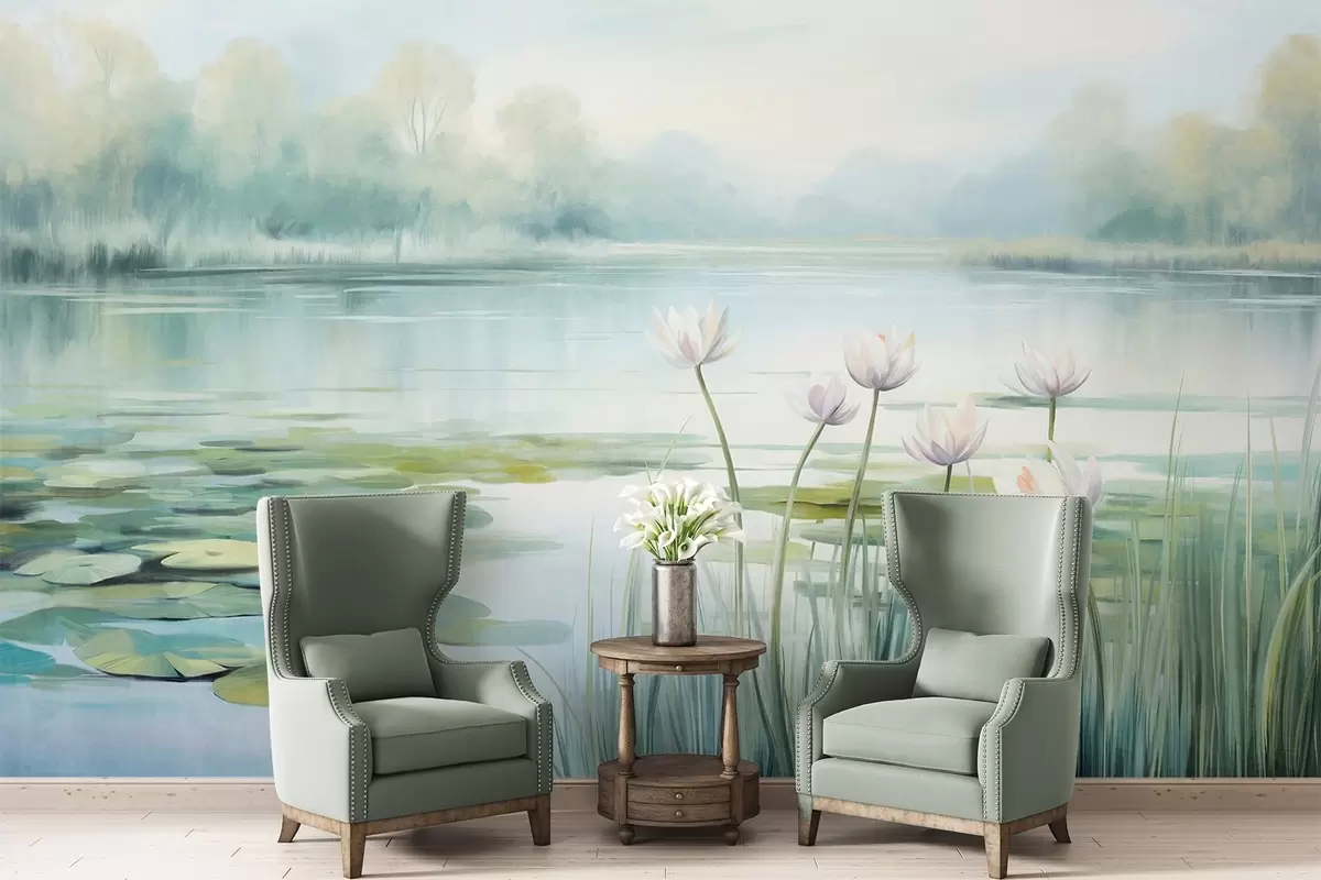 Fotobehang Landschap met een meer, waterlelies en leliebladeren, bomen op de achtergrond, in een rustige omgeving, lichtblauwe en groene tinten w09395