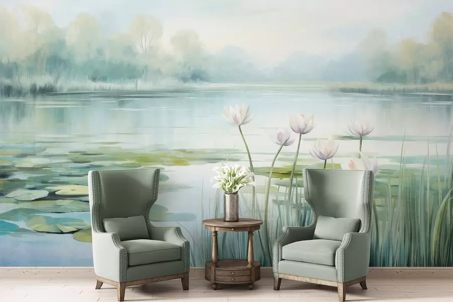 Fotobehang Landschap met een meer, waterlelies en leliebladeren, bomen op de achtergrond, in een rustige omgeving, lichtblauwe en groene tinten w09395