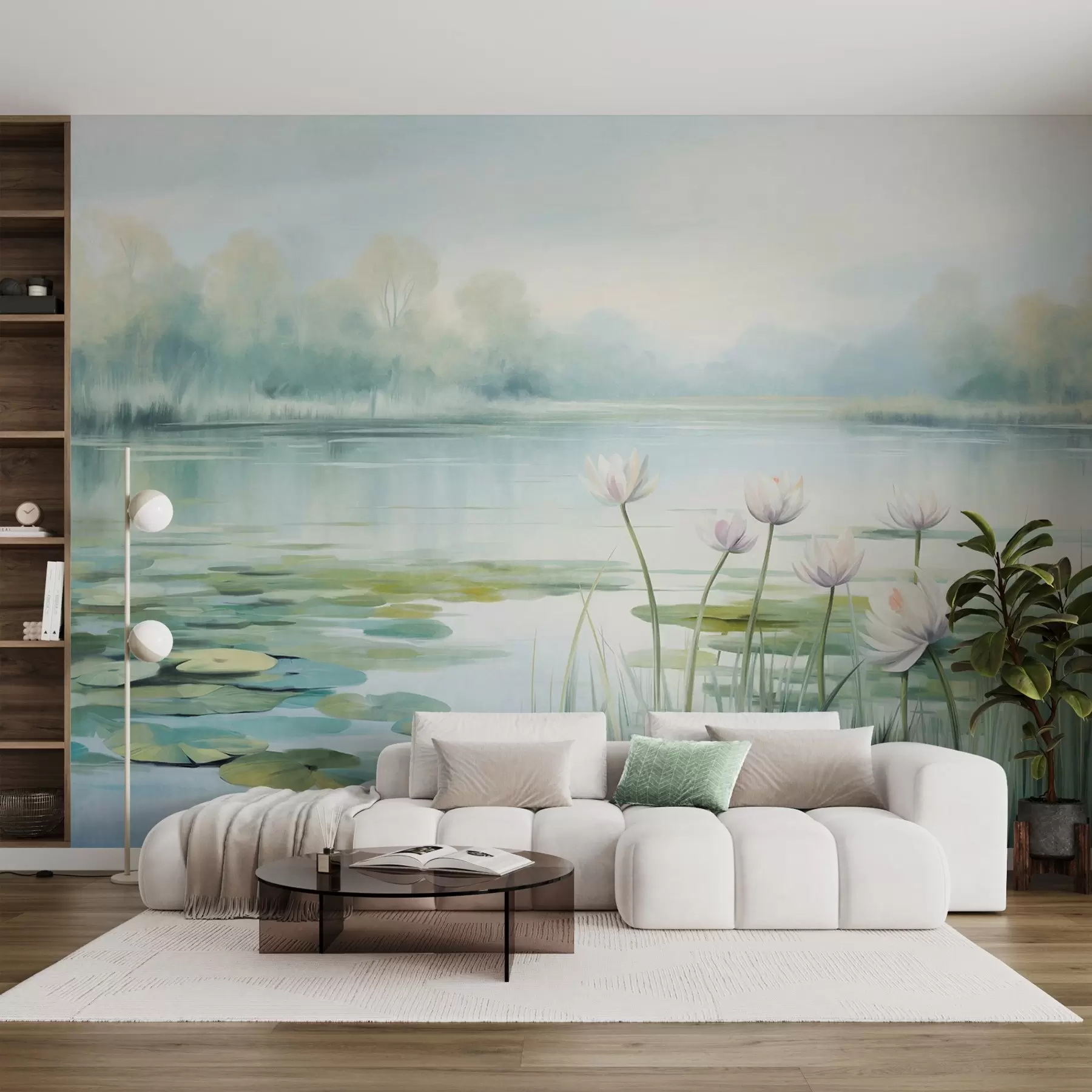 Fotobehang Landschap met een meer, waterlelies en leliebladeren, bomen op de achtergrond, in een rustige omgeving, lichtblauwe en groene tinten w09395