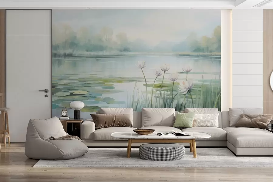 Fotobehang Landschap met een meer, waterlelies en leliebladeren, bomen op de achtergrond, in een rustige omgeving, lichtblauwe en groene tinten w09395