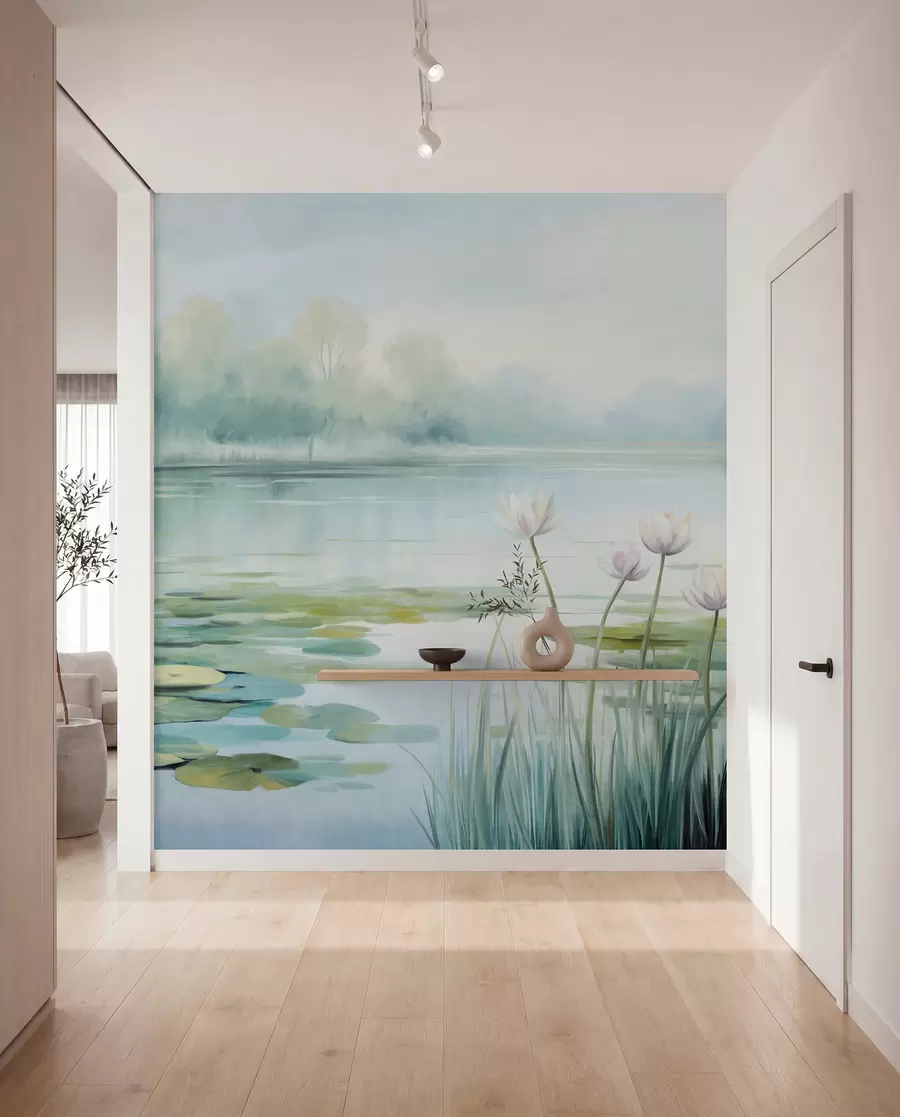 Fotobehang Landschap met een meer, waterlelies en leliebladeren, bomen op de achtergrond, in een rustige omgeving, lichtblauwe en groene tinten w09395