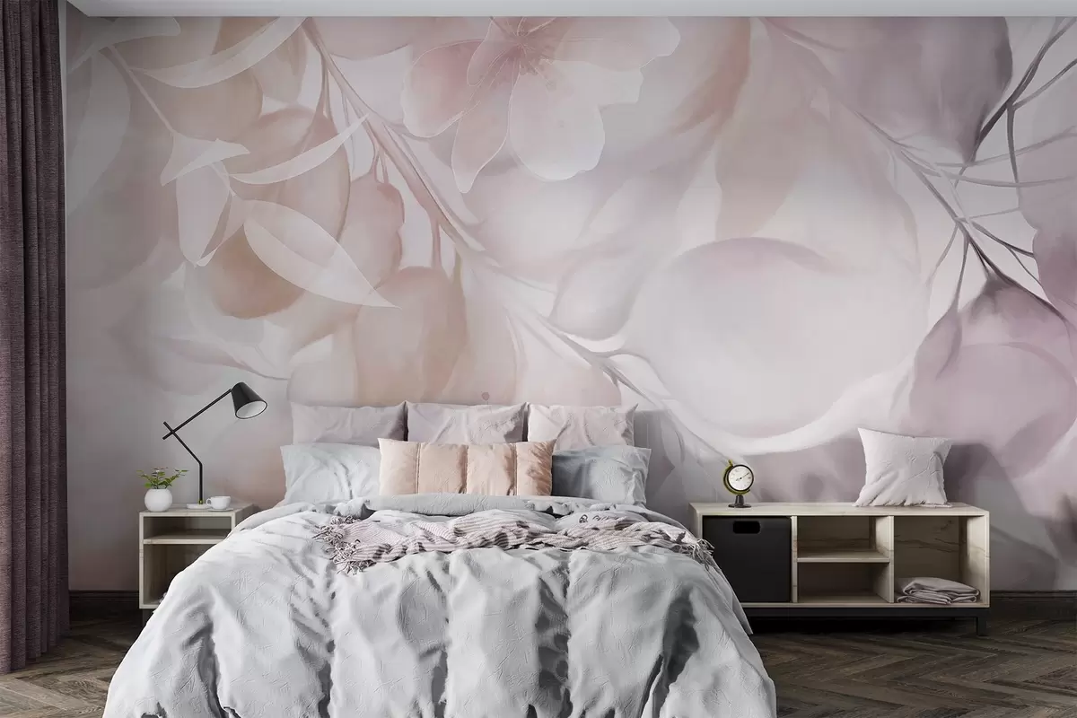 Fotobehang Bloemenkunst met gedempte beige en bruine bloemen, bladeren en takken, zachte pastelkleuren, aquarelstructuureffect w09397