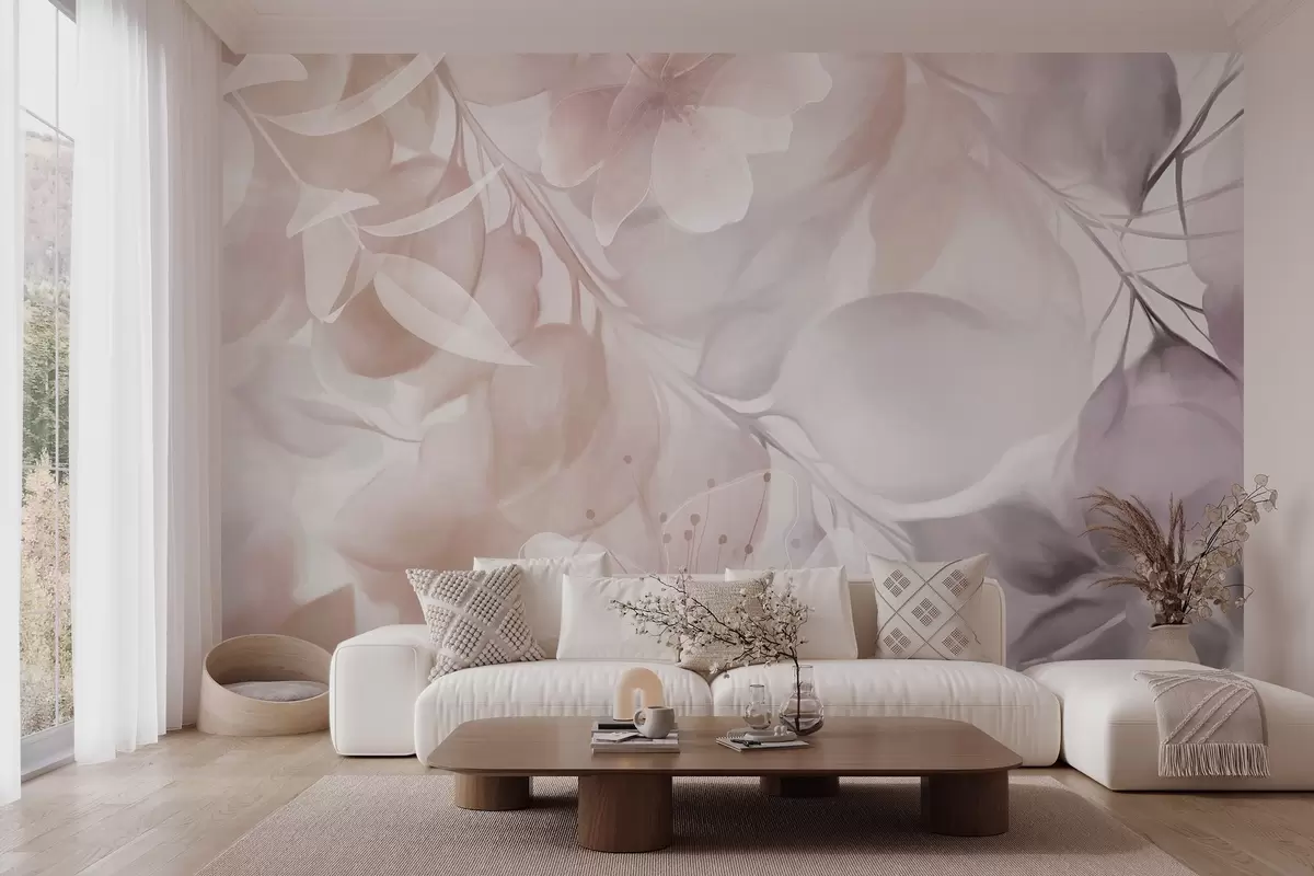 Fotobehang Bloemenkunst met gedempte beige en bruine bloemen, bladeren en takken, zachte pastelkleuren, aquarelstructuureffect w09397