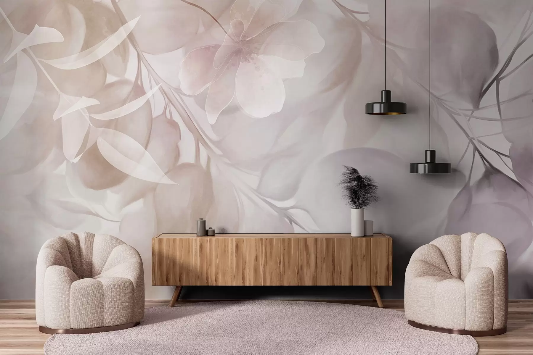 Fotobehang Bloemenkunst met gedempte beige en bruine bloemen, bladeren en takken, zachte pastelkleuren, aquarelstructuureffect w09397