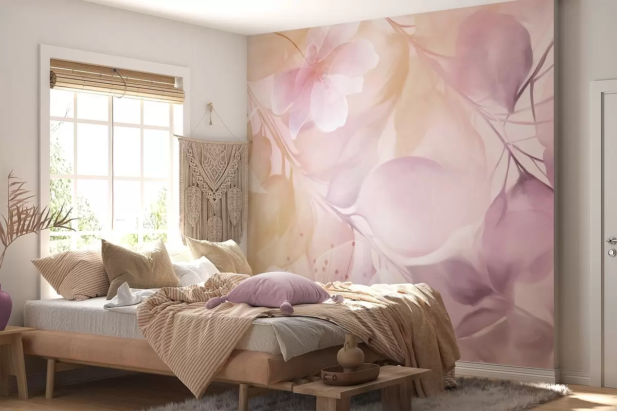 Fotobehang Bloemenkunst met gedempte gele en paarse bloemen, bladeren en takken, zachte pastelkleuren, aquareltextuureffect w09397v2