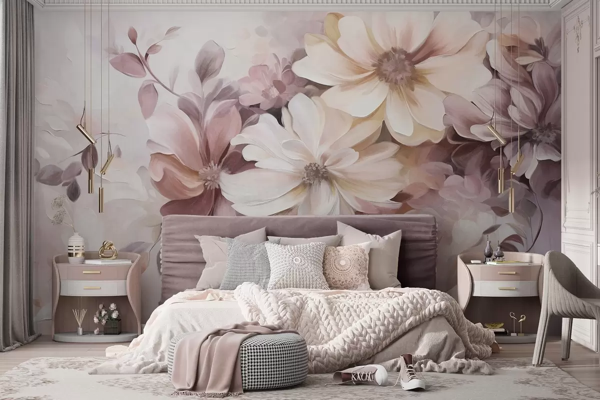 Fotobehang Een bloemstuk met grote, zachtgekleurde bloemen in bordeauxrode, perzikkleurige en witte tinten, met delicate bladeren w09398