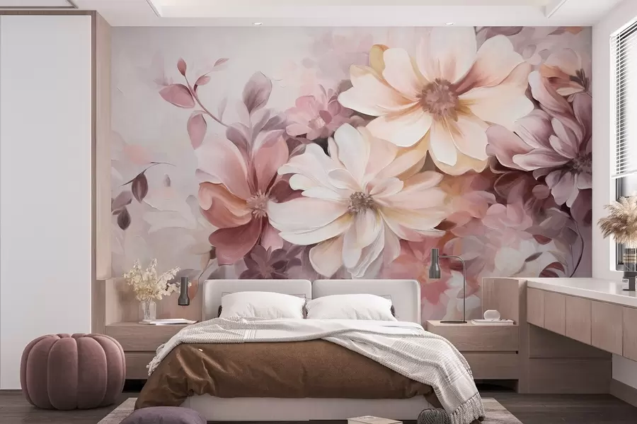 Fotobehang Een bloemstuk met grote, zachtgekleurde bloemen in bordeauxrode, perzikkleurige en witte tinten, met delicate bladeren w09398
