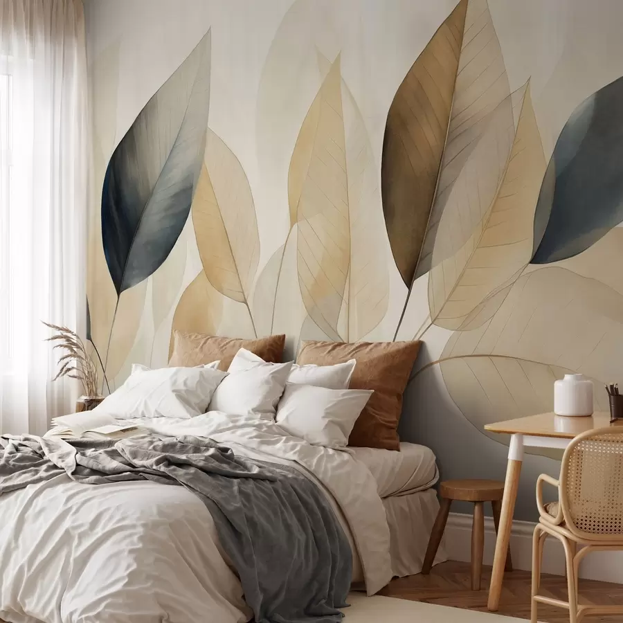 Fotobehang Textuurverf imitatie van bladeren in bruine, gele en grijze tinten, met delicate nerven en stengels w09400