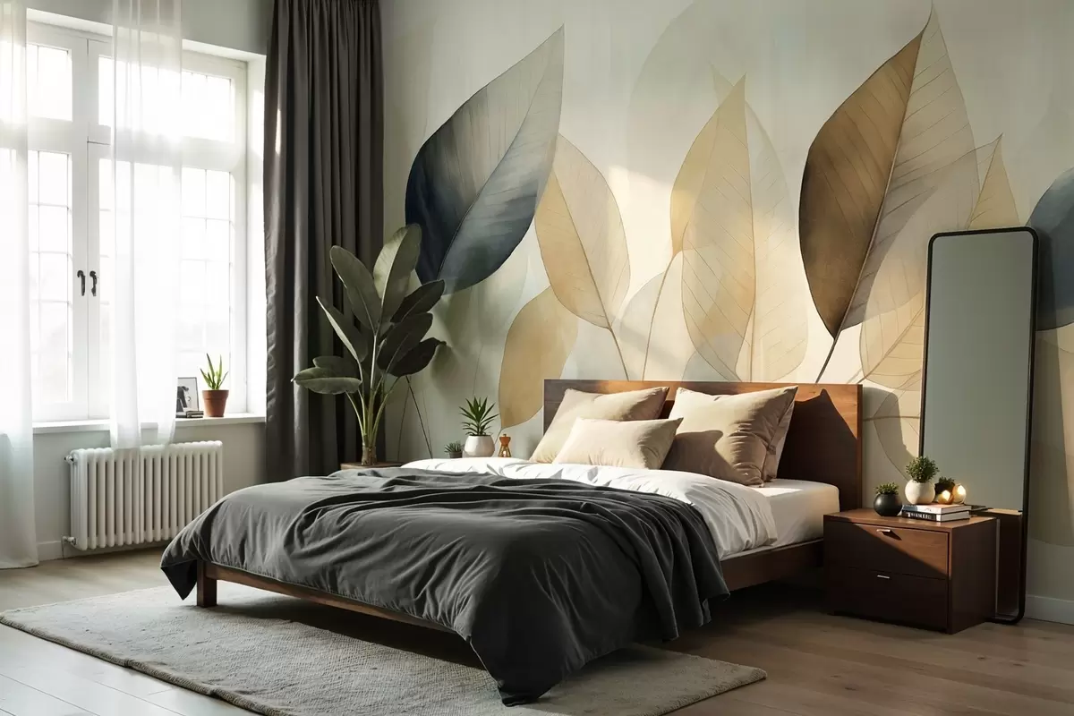Fotobehang Textuurverf imitatie van bladeren in bruine, gele en grijze tinten, met delicate nerven en stengels w09400