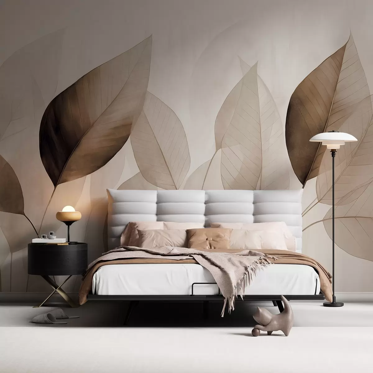 Fotobehang Getextureerde schilderijimitatie van bladeren in bruine en beige tinten met delicate nerven en stengels w09400v1