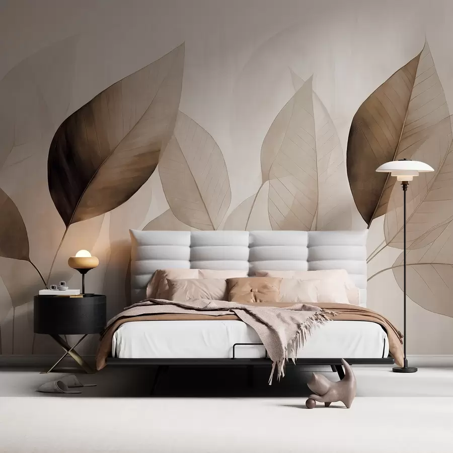 Fotobehang Getextureerde schilderijimitatie van bladeren in bruine en beige tinten met delicate nerven en stengels w09400v1