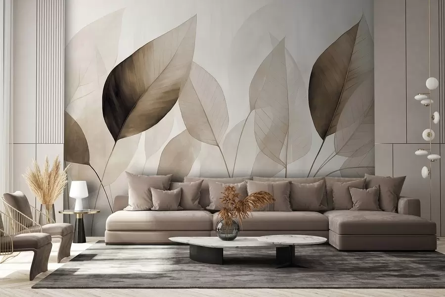 Fotobehang Getextureerde schilderijimitatie van bladeren in bruine en beige tinten met delicate nerven en stengels w09400v1