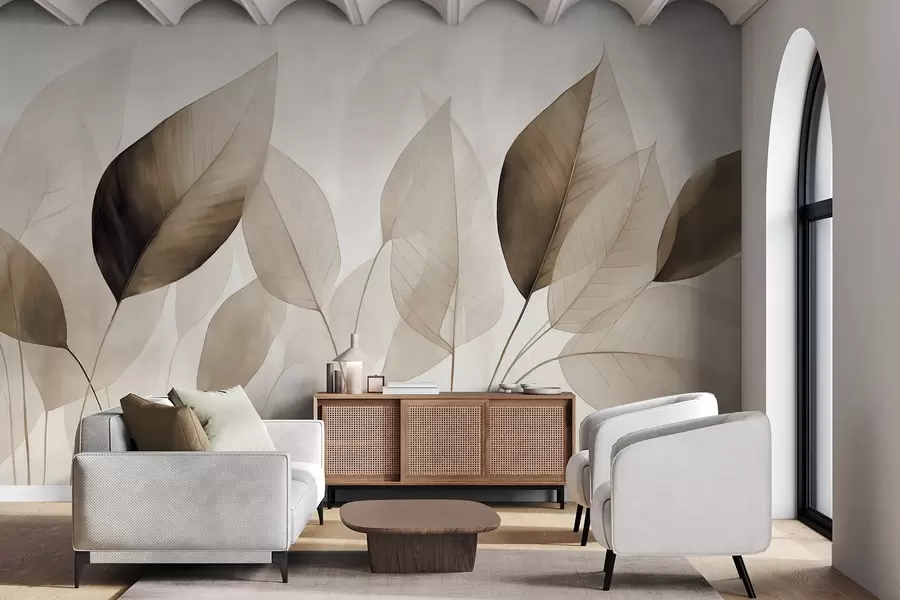 Fotobehang Getextureerde schilderijimitatie van bladeren in bruine en beige tinten met delicate nerven en stengels w09400v1