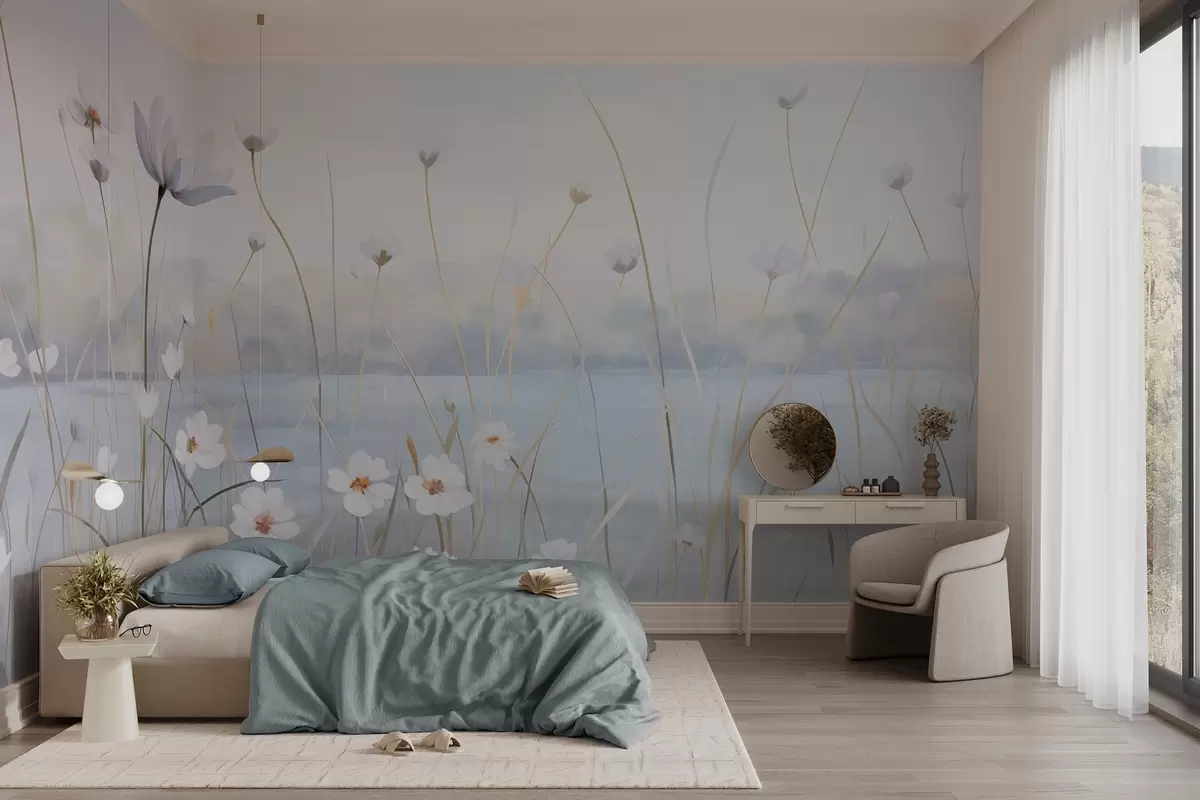 Fotobehang Witte bloemen met lange stelen in een veld, lichtblauwe lucht, zachte kleuren, gestructureerd, minimalistische stijl, geïnspireerd door de natuur, rustige achtergrond w09401