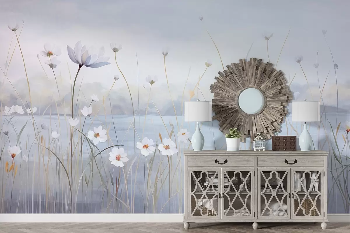 Fotobehang Witte bloemen met lange stelen in een veld, lichtblauwe lucht, zachte kleuren, gestructureerd, minimalistische stijl, geïnspireerd door de natuur, rustige achtergrond w09401