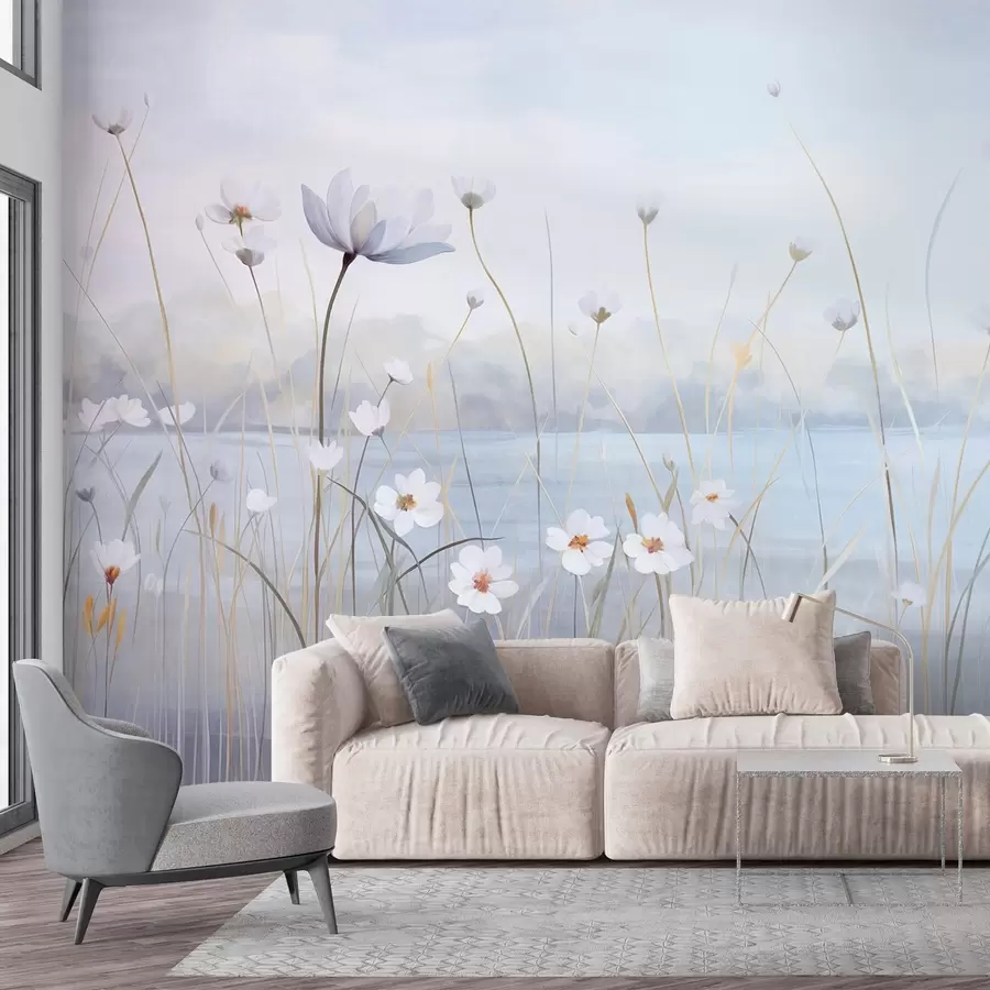 Fotobehang Witte bloemen met lange stelen in een veld, lichtblauwe lucht, zachte kleuren, gestructureerd, minimalistische stijl, geïnspireerd door de natuur, rustige achtergrond w09401