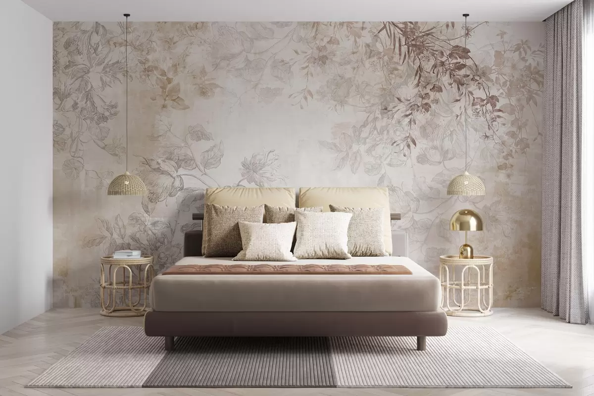 Fotobehang Vintage bloemenkunst met textuur, met illustraties van delicate tuinbloemen en bladeren in tekenstijl, in zachte pastelbeige en sepia tinten w09402