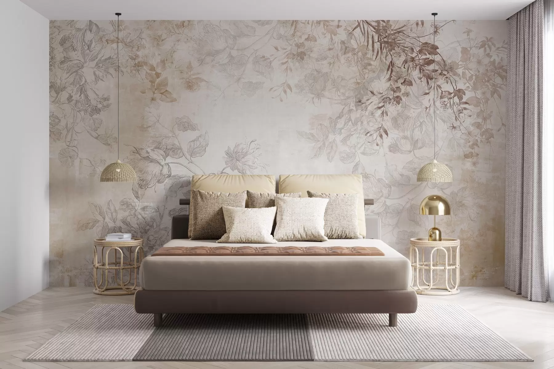 Fotobehang Vintage bloemenkunst met textuur, met illustraties van delicate tuinbloemen en bladeren in tekenstijl, in zachte pastelbeige en sepia tinten w09402