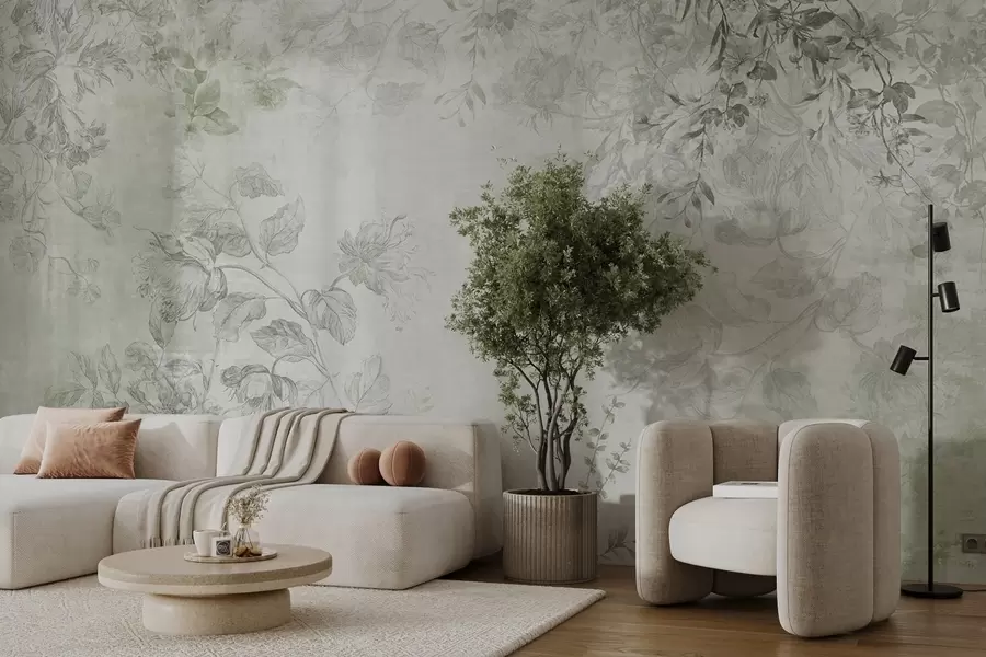 Fotobehang Vintage bloemenkunst met textuur, met illustraties van delicate tuinbloemen en bladeren in tekenstijl, zachte groene tinten w09402v2