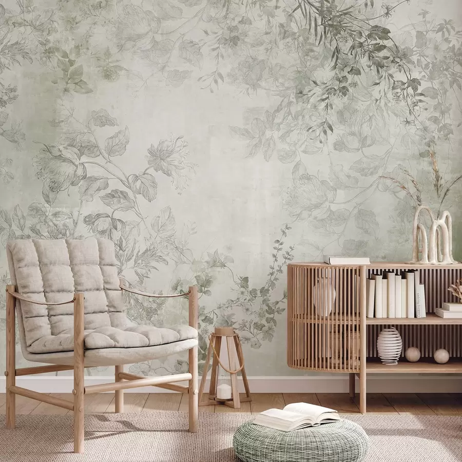 Fotobehang Vintage bloemenkunst met textuur, met illustraties van delicate tuinbloemen en bladeren in tekenstijl, zachte groene tinten w09402v2