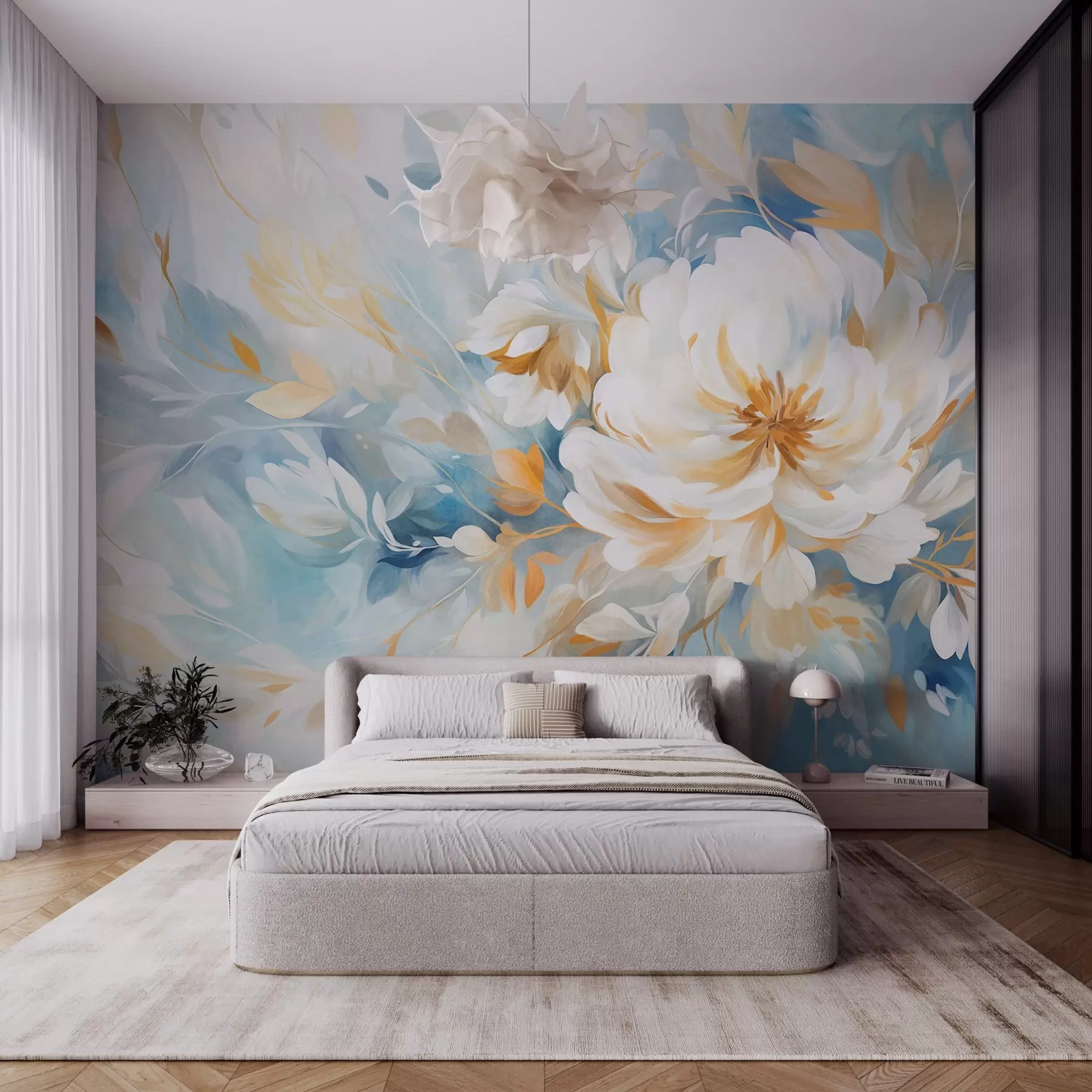 Fotobehang Witte bloem met textuur en blauwe en gele details en bladeren op een blauw-witte abstracte achtergrond, schilderstijl w09403
