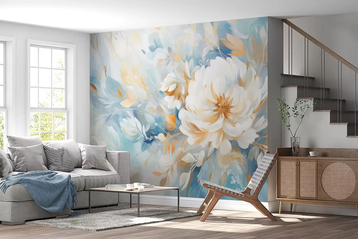 Fotobehang Witte bloem met textuur en blauwe en gele details en bladeren op een blauw-witte abstracte achtergrond, schilderstijl w09403