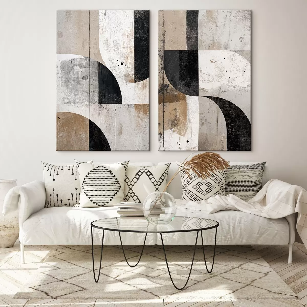  Schilderijen Geometrische vormen in beige en zwarte tinten m00750