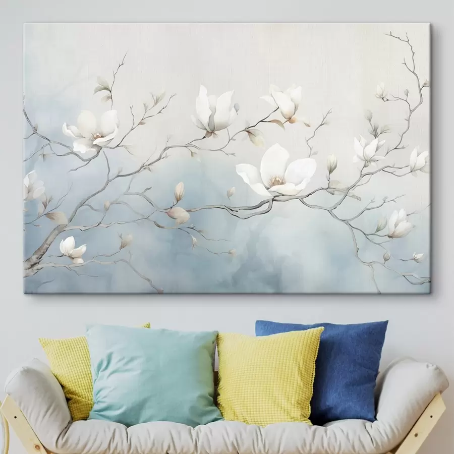  Schilderijen Magnoliatakken met witte bloemen op een delicate achtergrond s45806