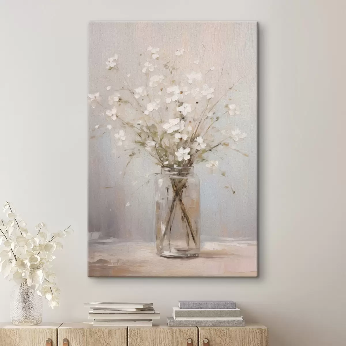  Schilderijen Een boeket witte bloemen in een transparante glazen vaas s45814