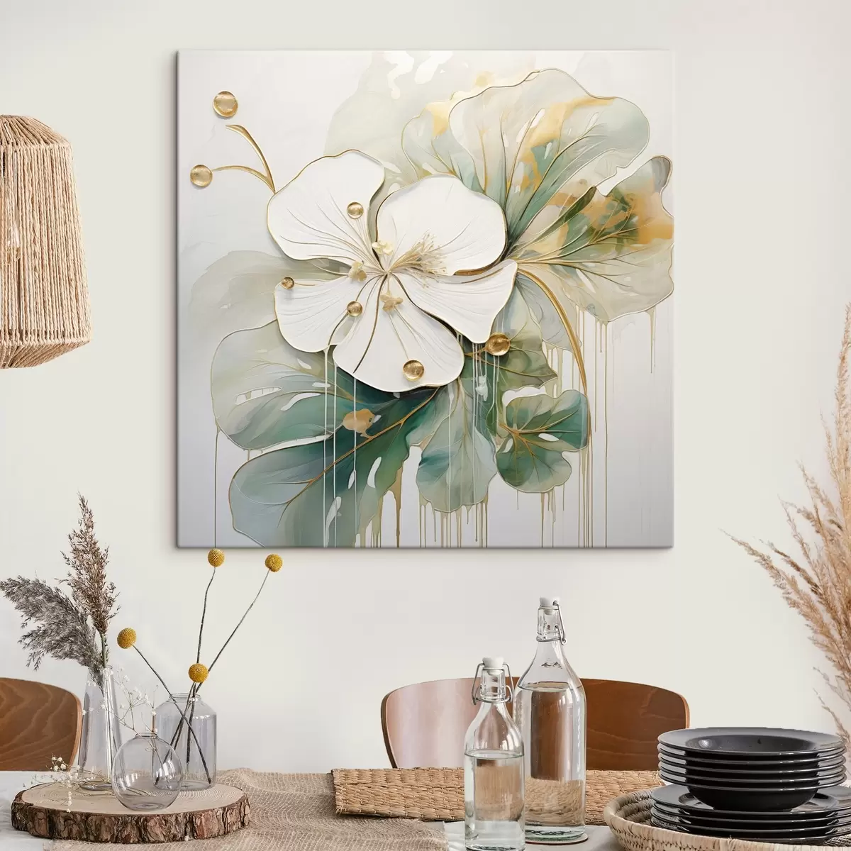  Schilderijen Een witte bloem met geeloranje details en groene bladeren s45815