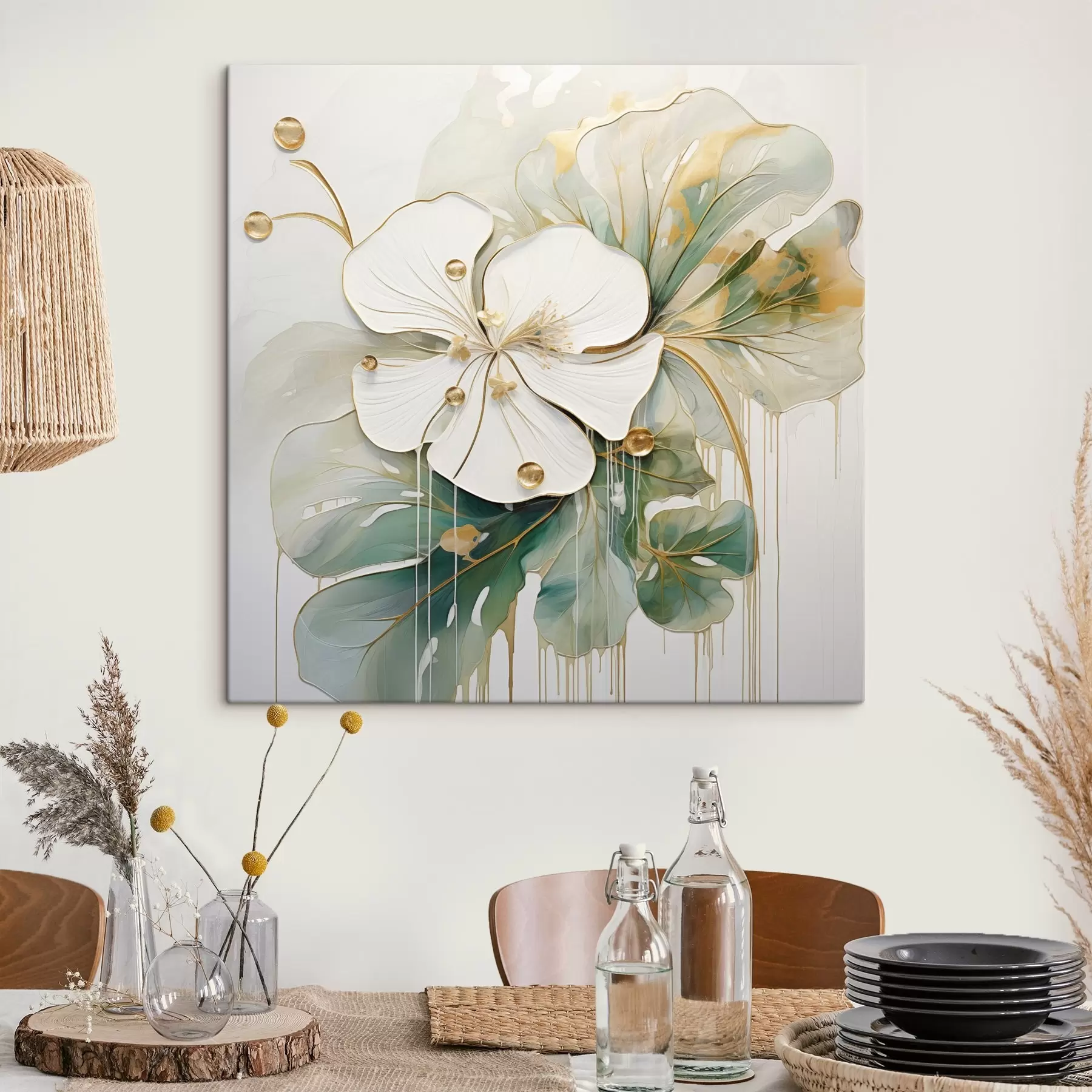  Schilderijen Een witte bloem met geeloranje details en groene bladeren s45815
